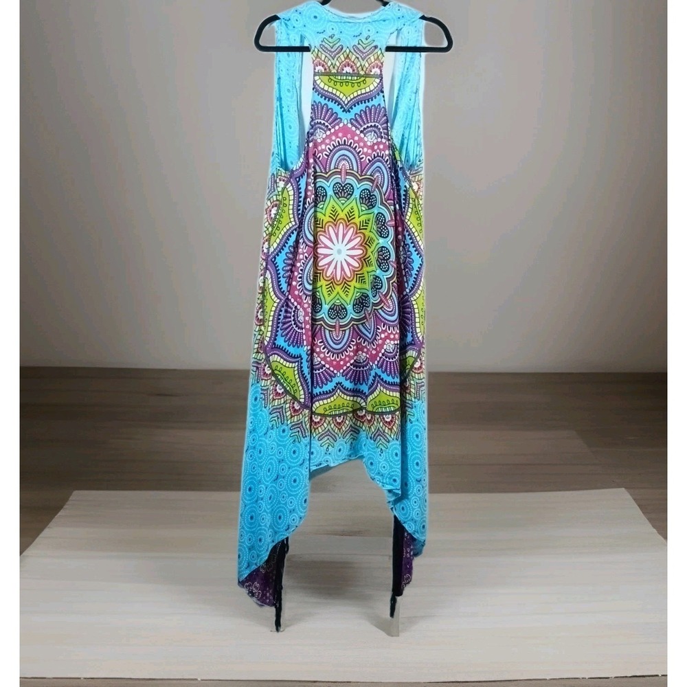Mandala Kimono‎ Beach Cover-Up Fringe Boho Hippy Multicolor Icy Blue One Size